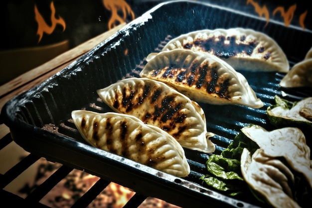 Gyoza on the grill with fried grilled dumplings