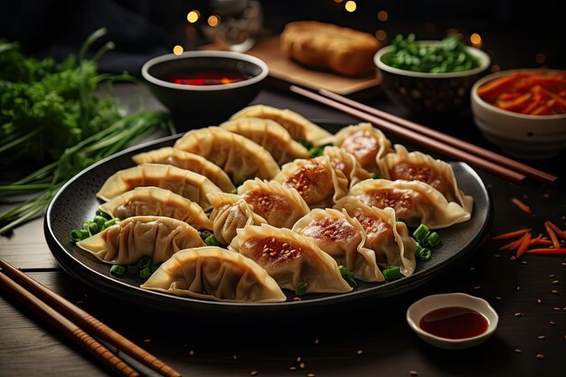 Gyoza on a plate with pork and veggies