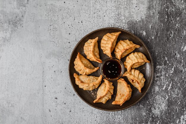 gyoza with stuffing and soy sauce