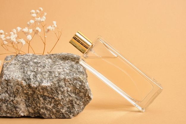 Gypsophila flower, rectangular transparent mock up blank perfume bottle with golden cap on natural stone on beige background