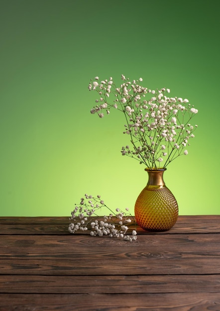 Gypsophila flowers in vase on green background