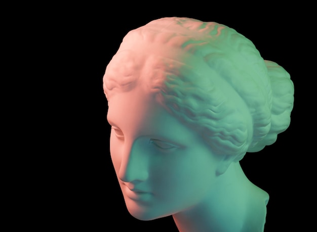 Gypsum copy of ancient statue of Venus de Milo head for artists isolated on a black background. Plaster sculpture of woman face. Green toned.