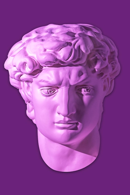 Gypsum copy of head statue david for artists isolated on purple background face famous sculpture