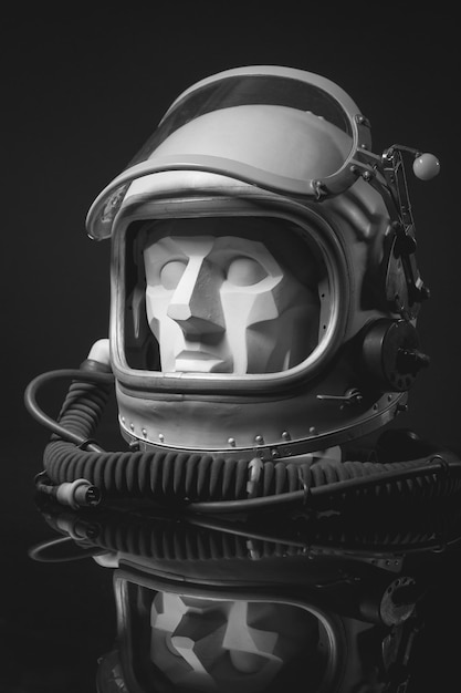 Gypsum head inside military aviation helmet on a black background. Aeronautical
space industry concept