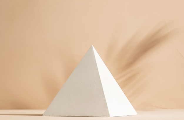 Gypsum pyramid in sunlight and palm leaf shadow on clay background