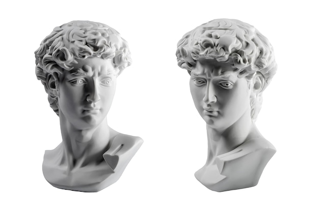 데이비드의 머리 석고 동상, 미켈란젤로의 데이비드 동상 석고 복사 흰색 배경에 고립