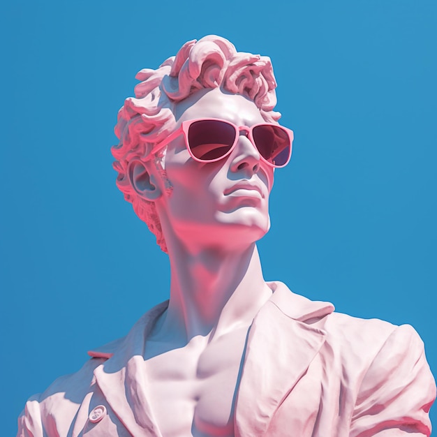 Gypsum statue head in sunglasses on a blue background illustration