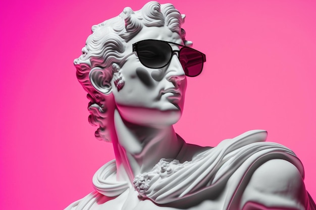 Gypsum statue head in sunglasses on a pink background illustration