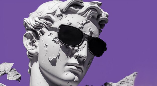 Голова гипсовой статуи в солнцезащитных очках на фиолетовом фоне иллюстрации