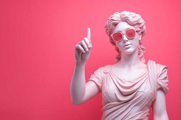 Гипсовая статуя в солнцезащитных очках на розовом фоне