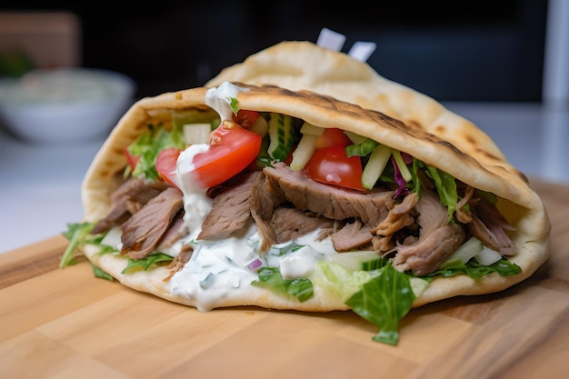 A gyro filled with meat and vegetables sits on a wooden cutting board.