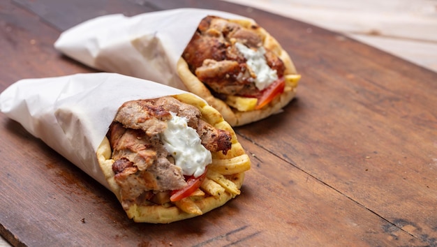 ジャイロ ピタ shawarma は屋台の食べ物を奪う木製のテーブルに伝統的なギリシャ トルコ肉料理