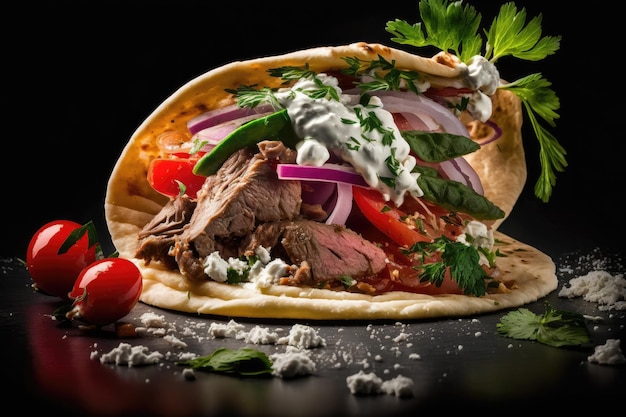 Gyro popular dish in Greece with thinly sliced roast beef served in a pita bread with tomato onion and tzatziki sauce