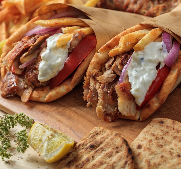 Gyros grilled meat slices in a pita bread closeup view
