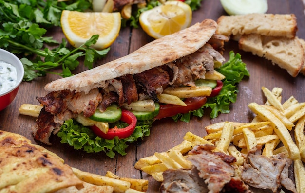 Gyros shoarma om straatvoedsel mee te nemen Sandwich met vlees op houten tafel