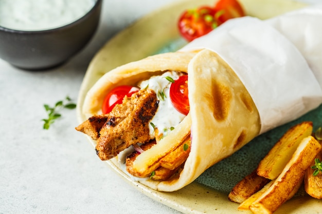 Gyros souvlaki wraps in pitabroodje met kip, aardappelen en tzatziki-saus.