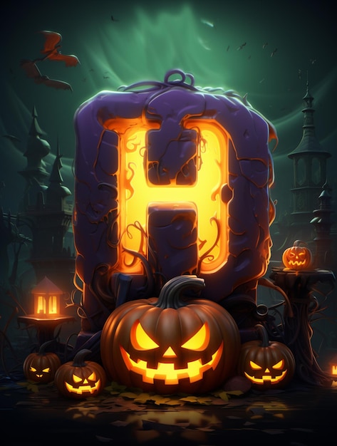 H letter design on halloween theme calligraphy with halloween ornament