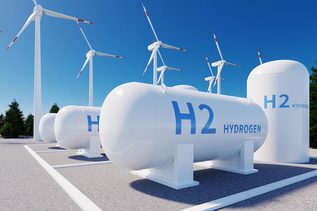 H2 hydrogen tank and wind power turbines 3d rendering