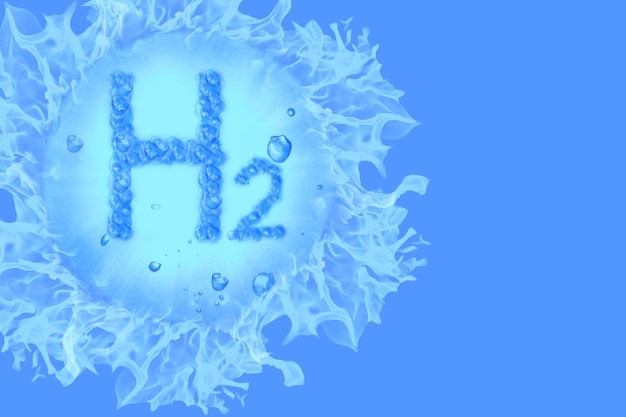 H2 letters hydrogen green energy of the future with blue fire\
and blue background