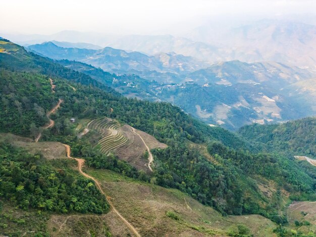 Ha giang landscape in northern vietnam popular ha giang loop tour route drone aerial view