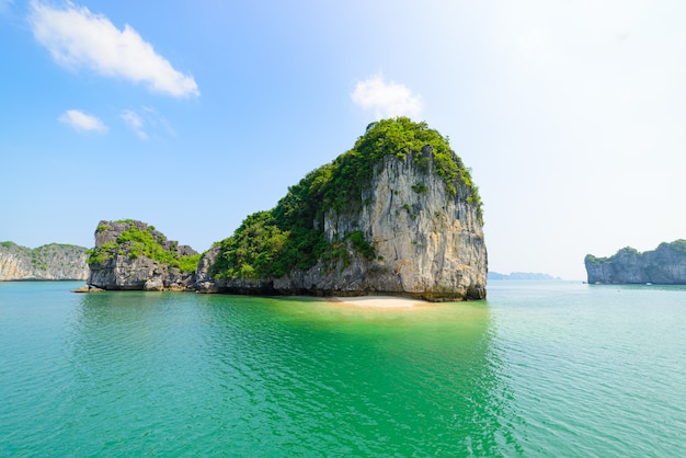 Ha Long Bay, unique limestone rock islands and karst formation peaks in the sea
