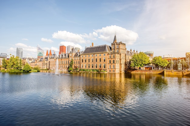 HAAG, NETHERLANDS - August 06, 2017: Cityscape view on the Hofvijver lake with Senate and Ministry of General Affaris building in the centre of Haag city, Netherland