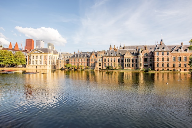 HAAG, NETHERLANDS - August 06, 2017: Cityscape view on the Hofvijver lake with Senate and Ministry of General Affaris building in the centre of Haag city, Netherland