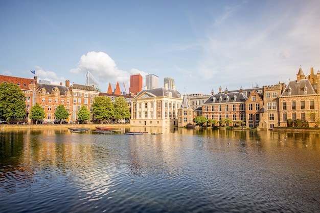 HAAG, NETHERLANDS - August 06, 2017: Cityscape view on the Hofvijver lake with Senate and Ministry of General Affaris building in the centre of Haag city, Netherland