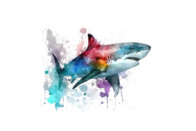 Haai is getekend met veelkleurige aquarellen geïsoleerd op een witte achtergrond Gegenereerd door AI