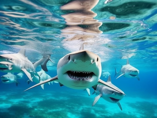 Haaien zwemmen in kristalhelder water.