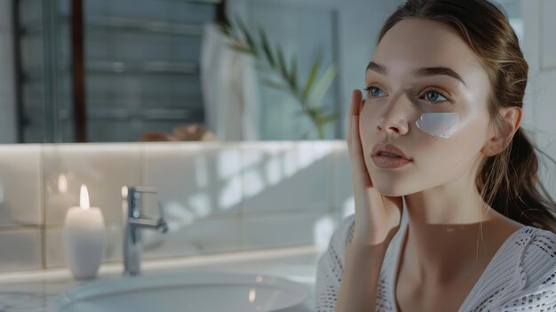 Haar gezicht aanraken in de badkamer met een perfecte gladde huid