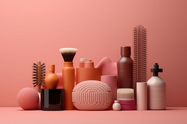 Foto haarcosmeticaflessen en accessoires creatieve kleurachtergrond met kopieerruimte schoonheids- en haarverzorgingsproducten assortiment mockup shampoo haarconditioner haarbalsem ai generatieve inhoud