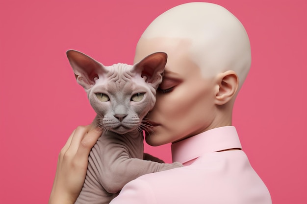 haarloze mooie blanke vrouw omhelst sphynx kat op roze achtergrond