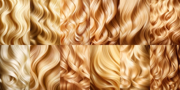 Haarset vrouw kleurkleuring krullend haarverzorging styling en kapsel blonde en gouden kleurtextuur