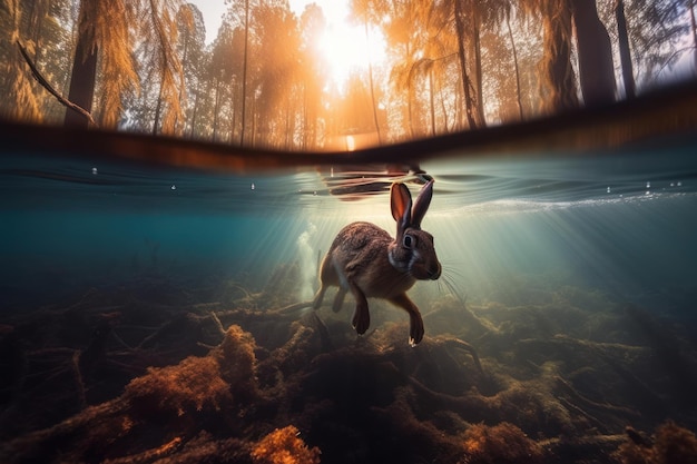 Haas duikt onder water Mooie illustratie foto Generatieve AI