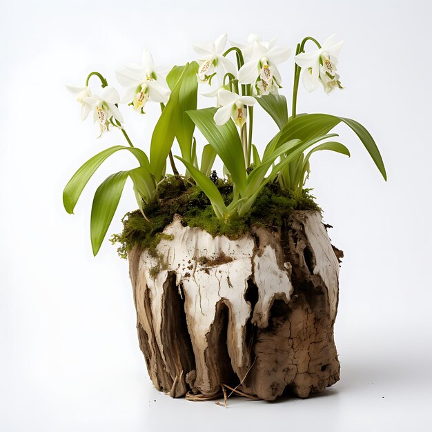 Habenaria Radiata White and StarShaped Flowers Terrestrial Plant and Log on White Background