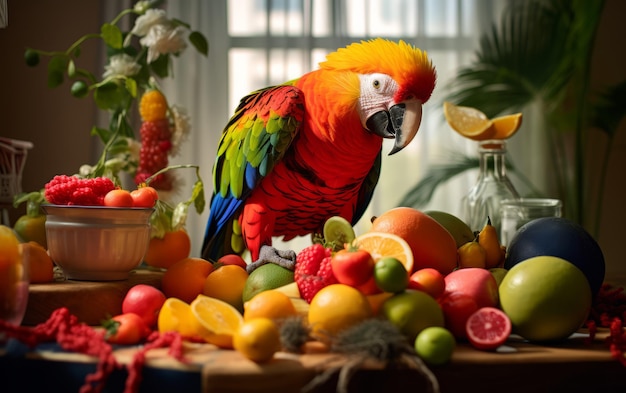 Habitat heaven parrot nibbling on fruits amidst colorful toys