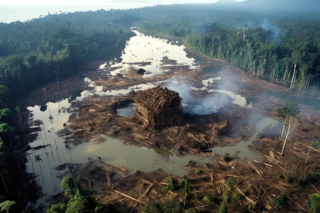 Foto habitat voor wilde dieren in het regenwoud vernietigd door houtkapactiviteiten gecreëerd met generatieve ai