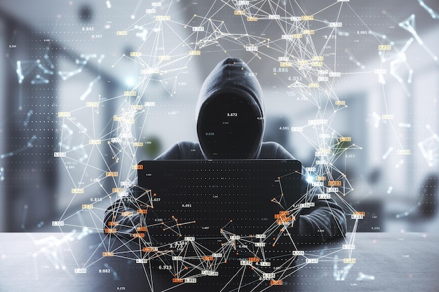 Hacker aan het bureau met behulp van computers met creatieve gloeiende big data verbindingen cirkel op wazige interieur achtergrond Wetenschap hacken malware digitaal netwerk en technologie concept