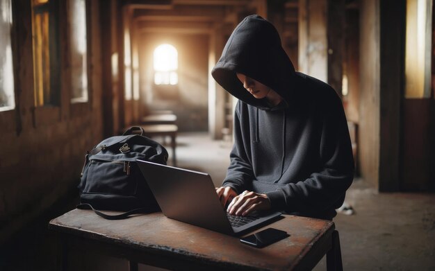 Photo a hacker in an abandoned building using a laptop to remotely hack into internet security ai