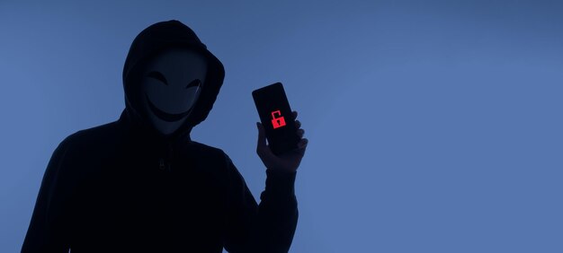 Foto hacker anonymous e maschera facciale con smartphone in mano