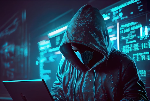 Hacker in the black hood in the server room Unrecognizable people Technology and Cybersecurity and Criminal concept Generative AI