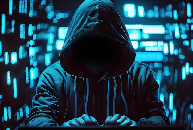 Photo hacker in the black hood in the server room unrecognizable people technology and cybersecurity and criminal concept generative ai