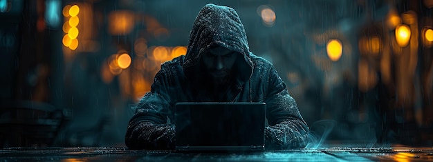 A hacker in a black hoodie sitting at a table with a laptop computer against a dark background in th