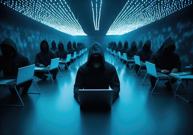 Photo hacker in black hoodie working on laptop in the dark room dangerous hooded hacker breaks into government data servers and infects their system with a virus ai generative