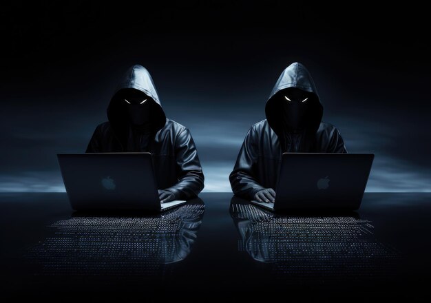 hacker in black hoodie working on laptop in the dark room Dangerous Hooded Hacker Breaks into Government Data Servers and Infects Their System with a Virus AI Generative