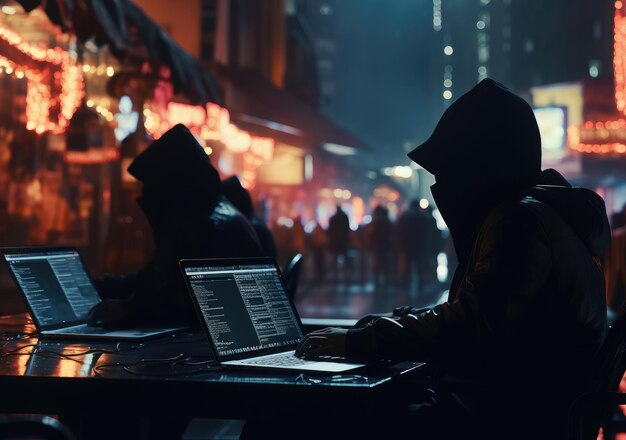 hacker in black hoodie working on laptop in the dark room Dangerous Hooded Hacker Breaks into Government Data Servers and Infects Their System with a Virus AI Generative