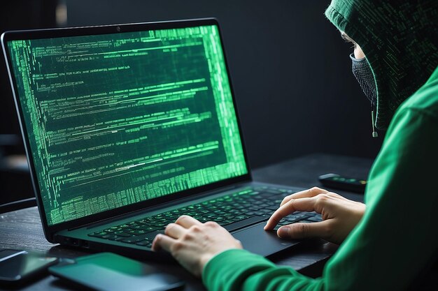 hacker code in laptop cyber security privacy or hack threat coder or programmer writing virus software malware internet attack or developing digital design