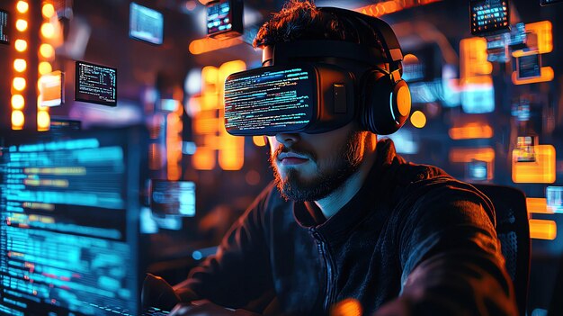 hacker coding inside a virtual reality space surrounded by floating data blocks and abstract digital shapes