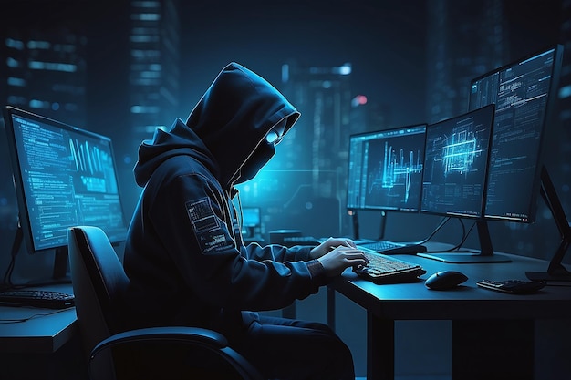 hacker coding at night cybersecurity concept